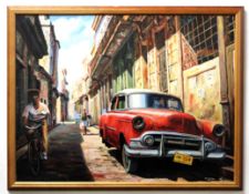 Indistinctly signed oil on board, Cuban street scene, 58 x 77cm