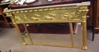 19th century Adam style large overmantel mirror, ball moulded pediment over a panel decorated with