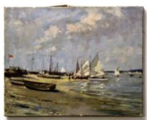 Circle of Edward Seago, oil on canvas, Figures in boats in an estuary, 35 x 45cm, unframed