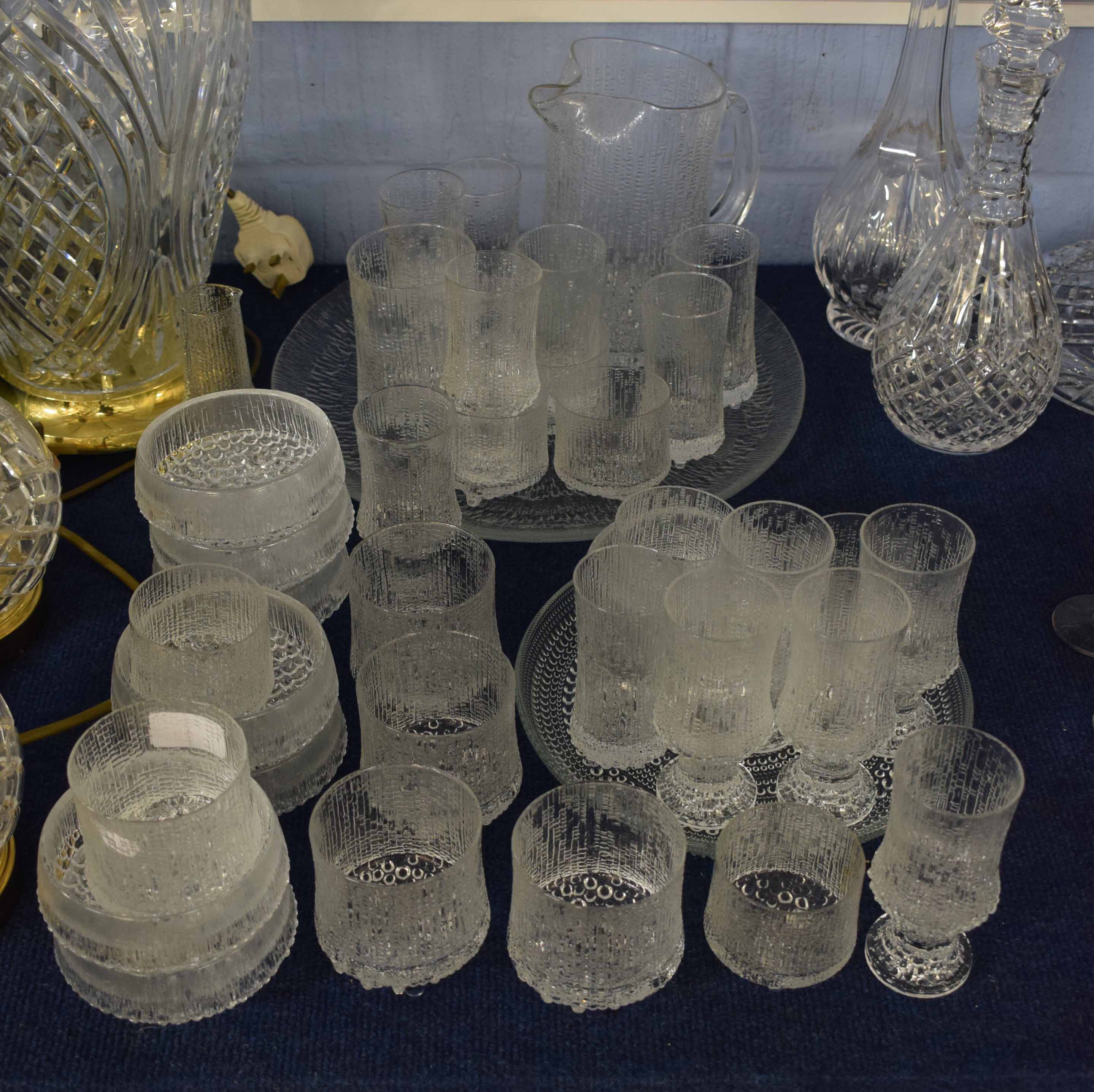 Collection of Scandinavian frosted glass wares comprising wine glasses and tumblers, water jug and