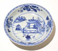 18th century Chinese blue and white shallow bowl decorated in typical fashion with a pagoda and