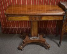 Early 19th century mahogany fold top tea table raised on a quadruped base with scroll feet, 92cm