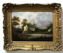 Circle of Edward Charles Williams, pair of oils on canvas, Landscapes with figures and cottages,