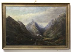 J D Fraser, signed and dated 1886, oil on canvas, Figure in mountain landscape, 48 x 74cm