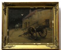 Unsigned oil, Figure with horse and cart before stables, 22 x 28cm. Provenance: Ernest Brown &