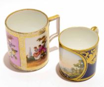 Dresden small mug decorated in Meissen styles with pastoral scene and interspersed with panels of