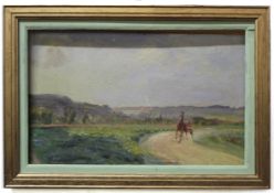 R Fremond, signed oil on board, Trotting in a French landscape, 25 x 39cm