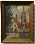 D Seaward, signed oil on canvas, Street scene with figures before a doorway, 37 x 27cm