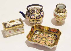 Group of four Royal Crown Derby Imari miniatures wares including a tray, a small kettle and vase and