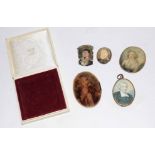 Box of assorted portrait miniatures, prints etc