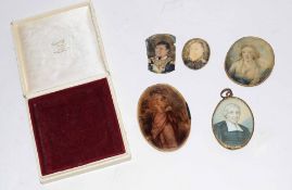 Box of assorted portrait miniatures, prints etc
