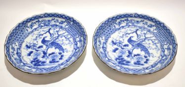 Two large Japanese porcelain dishes with a blue and white design to centre, of birds on branches,