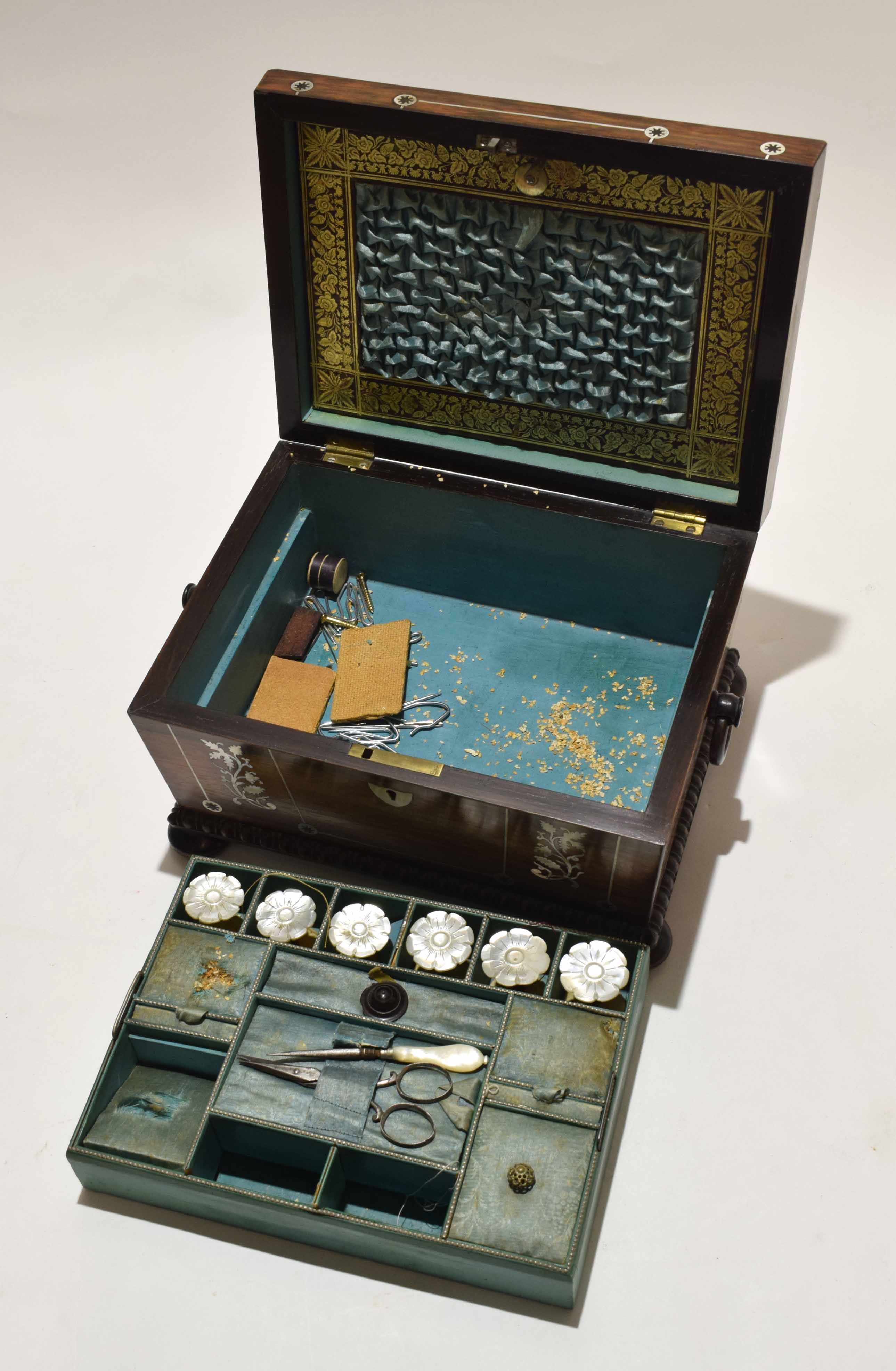 19th century rosewood and mother of pearl inlaid sewing box with fitted plush lined interior with - Image 3 of 3