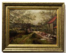James Brown, signed and dated 1893, oil on canvas, Farmstead with cattle in a lane, 40 x 52cm