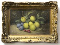 T F C, initialled oil on board, Still Life study of mixed fruit on a mossy bank, 21 x 32cm