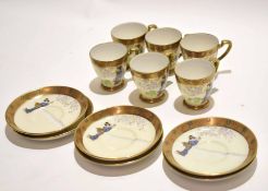 Group of six Noritake cups and saucers with a design of Japanese ladies by a pagoda within gilt