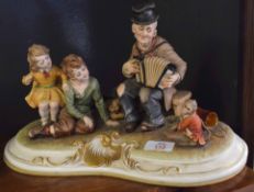 Large Capo di Monte porcelain group of a beggar musician with children on a shaped base, 33cm long