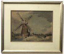 Arthur Edward Davies, RBA, RCA signed pen, ink and watercolour, Norfolk Landscape with mill, 27 x