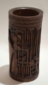 Chinese bamboo brush pot, finely modelled with figures around a temple, 28cm high