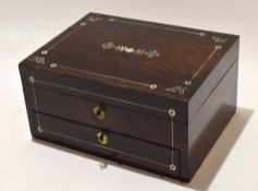 19th century rosewood work box, the lid inlaid with mother of pearl panels and pewter stringing,