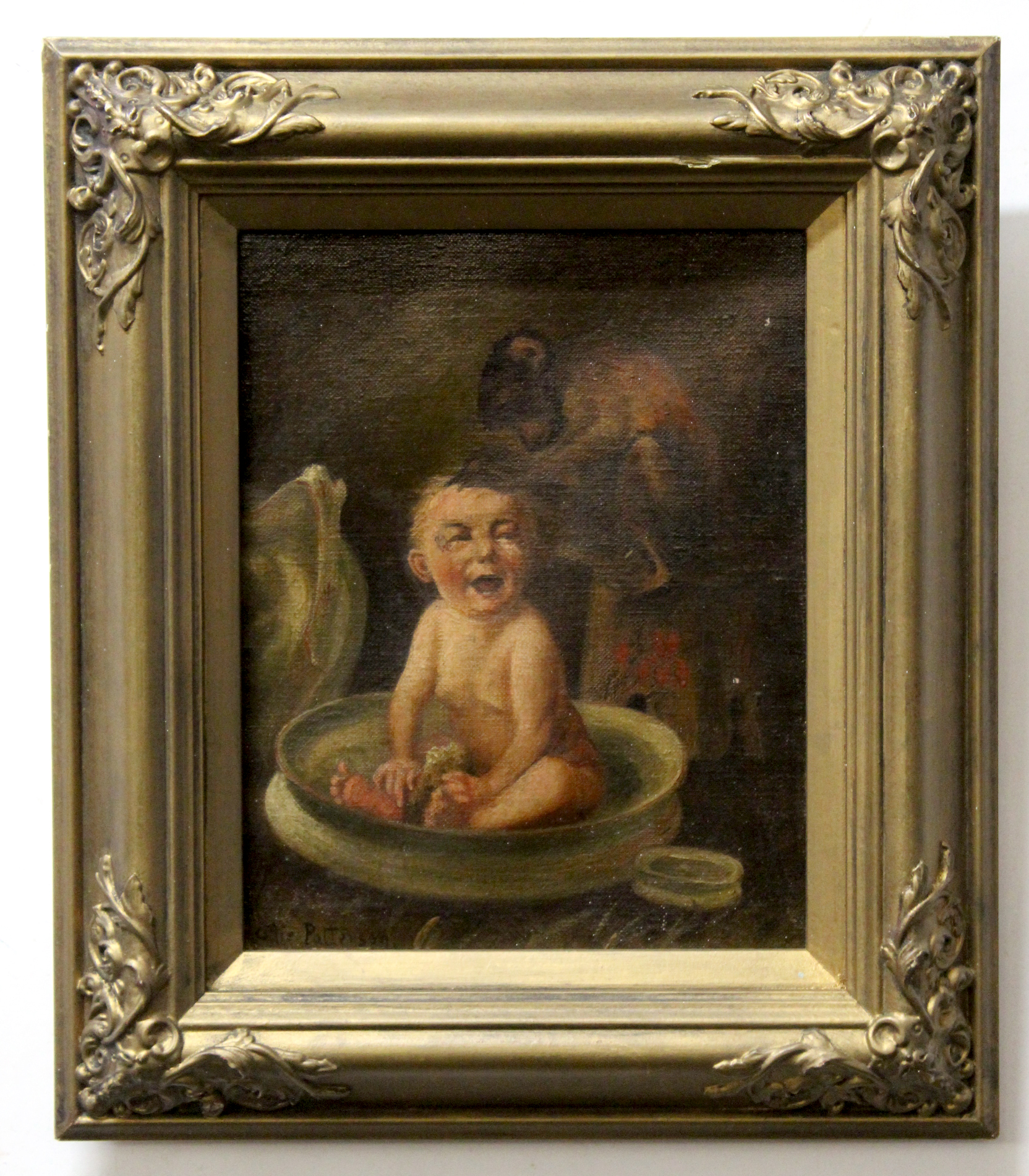 Effie Patterson, signed oil on canvas, The Monkey Hairwasher, 23 x 18cm