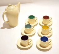 Susie Cooper Art Deco coffee set, comprising coffee pot and six coffee cans and saucers, plain white
