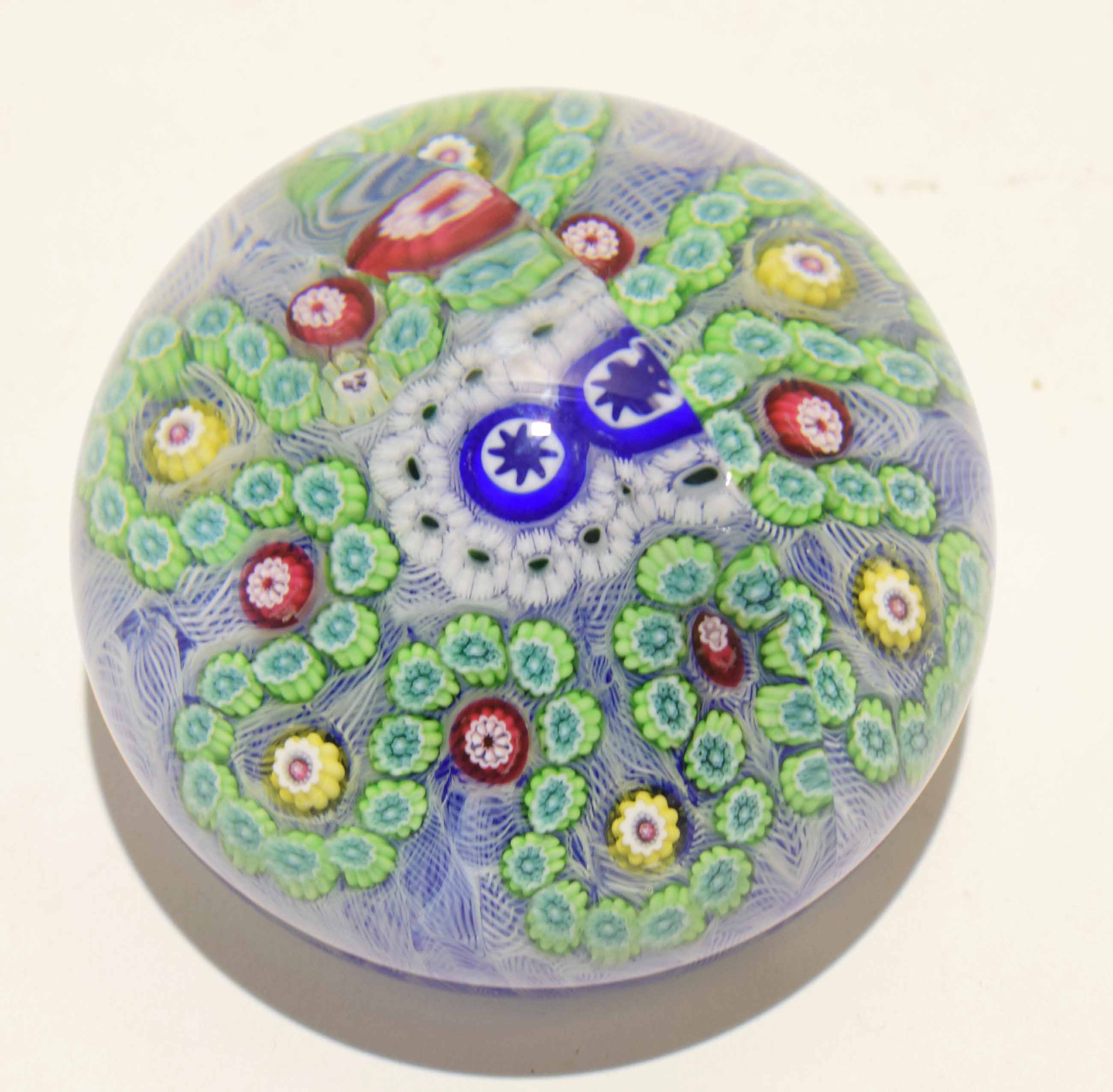 Baccarat paperweight with multi-coloured floral design, 8cm diam, the base with incised numbers