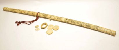 Early 20th century Burmese ivory sword with incised decoration to scabbard of various Oriental