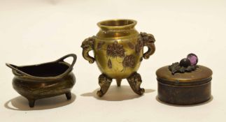 Small brass Oriental jardiniere with applied copper relief of birds and flowers together with a