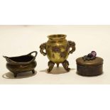 Small brass Oriental jardiniere with applied copper relief of birds and flowers together with a