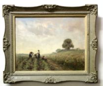 John F White, signed and dated 59, oil on board, "Pea Picking", 35 x 44cm