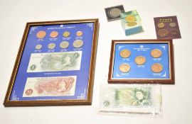 Group of coinage and bank notes in wooden frames, one with 1837 to date, the other with pre-