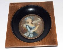 Indistinctly signed 20th century portrait miniature, Portrait of a Gainsborough lady, 8 x 7cm