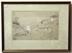 Indistinctly signed pencil drawing, Continental town, 24 x 39cm