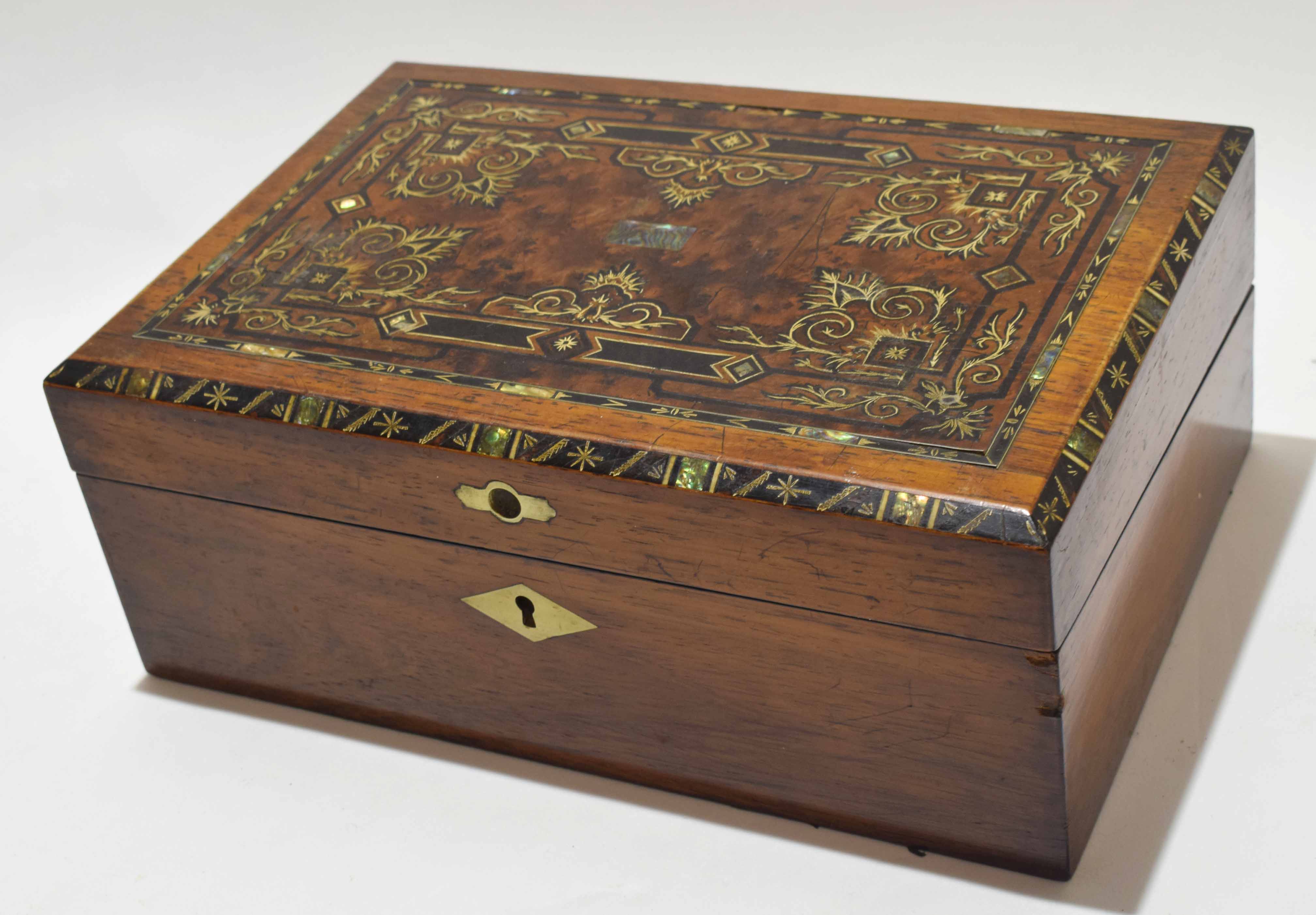 Victorian walnut and mahogany neo-classically inlaid writing box, lid and rims inlaid throughout