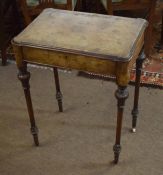 Victorian inlaid walnut work table, the lifting lid enclosing interior with pierced lidded