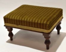 19th century mahogany small foot stool, striped upholstered top on peg feet, 30cm wide