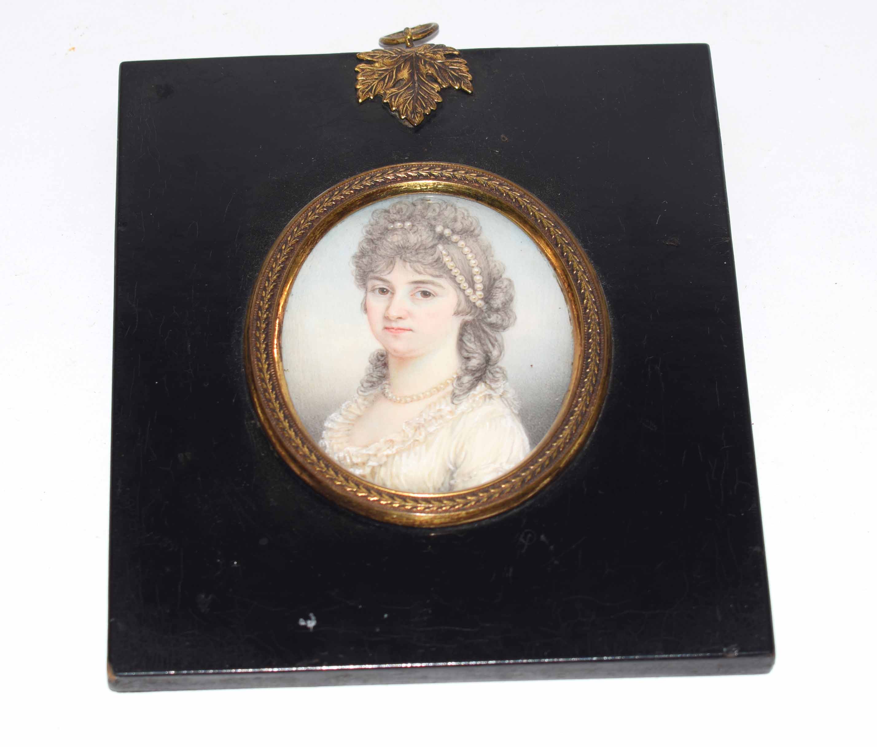 20th century portrait miniature, Head and shoulders portrait of a lady, 8 x 6cm
