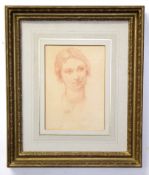 Attributed to Augustus John, conte drawing, Head and shoulders portrait of a lady, 25 x 18cm