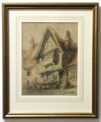 Cornelius Edwin Holmes Winter, pen, ink and watercolour, Figures before an old building, 24 x 19cm