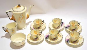 Burleigh ware Art Deco coffee set comprising coffee pot, milk jug, sugar bowl, six coffee cups and