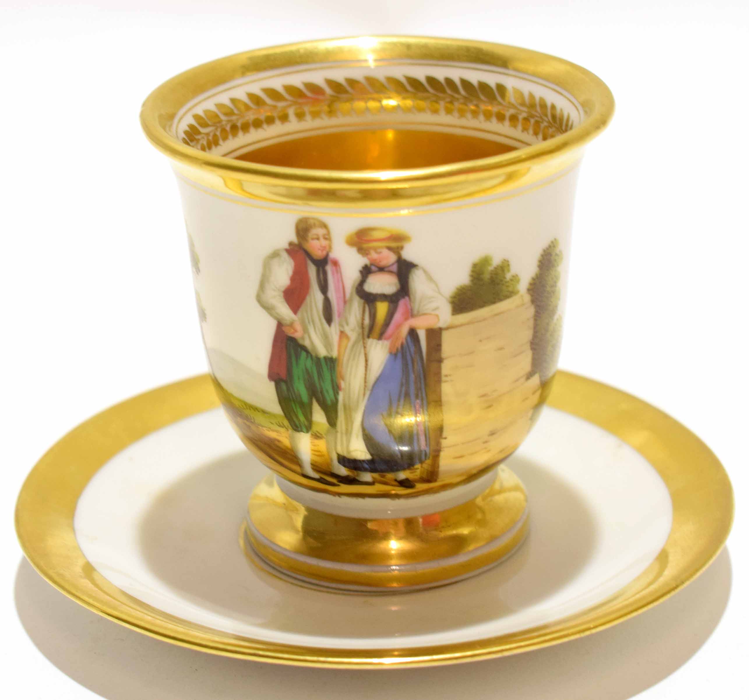 19th century Paris porcelain cup and saucer, the cup painted with a couple in a landscape within - Image 3 of 4