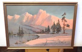 Ivan Skorroff, signed oil on canvas, Winter landscape at sunset, 60 x 90cm