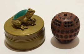 Brass metal circular box with frog finial and emerald type stone to back, together with an