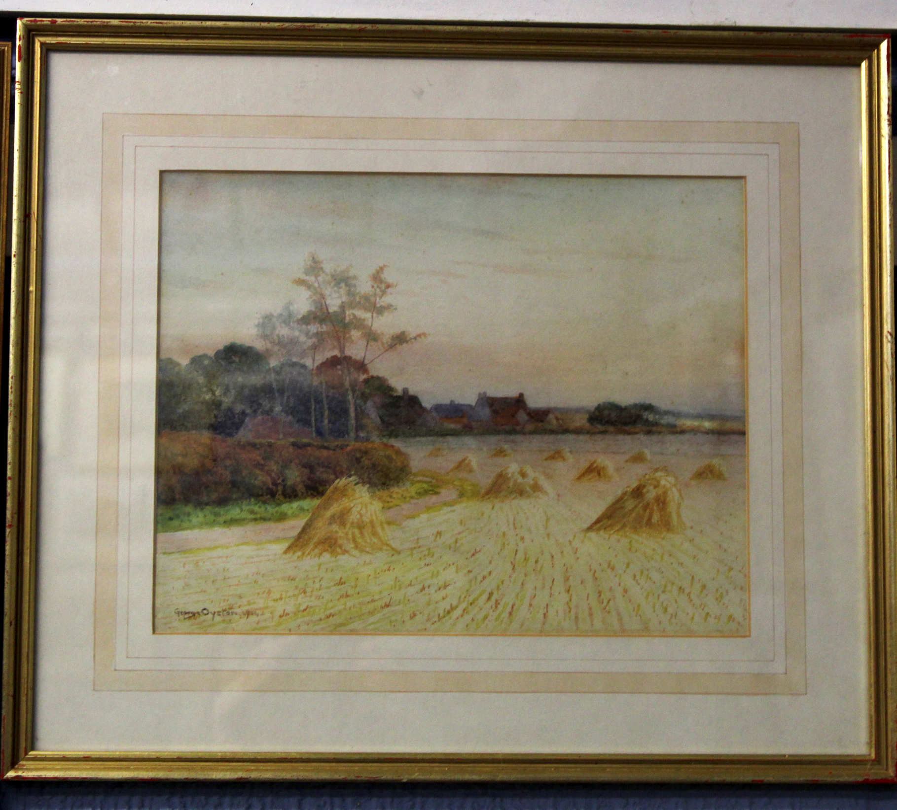 George Oyston, signed pair of watercolours, In the harvest fields at sunset, 22 x 28cms (2)