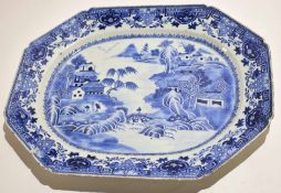 Large 18th century Chinese export blue and white platter decorated in typical fashion with a Chinese