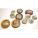 Collection of late 19th century pot lids, all with typical printed designs including Landing the