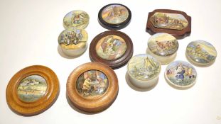 Collection of late 19th century pot lids, all with typical printed designs including Landing the