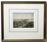 19th century English School, watercolour, Figures in an extensive coastal landscape, 14 x 20cm
