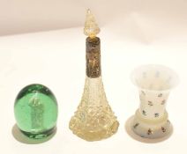 Group of glass and porcelain wares including a glass vase with floral sprigged decoration, a green